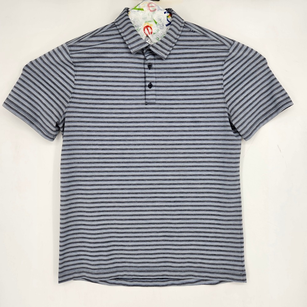 Lululemon Polo Shirt Mens Large Performance Short Sleeve Blue Striped Casual